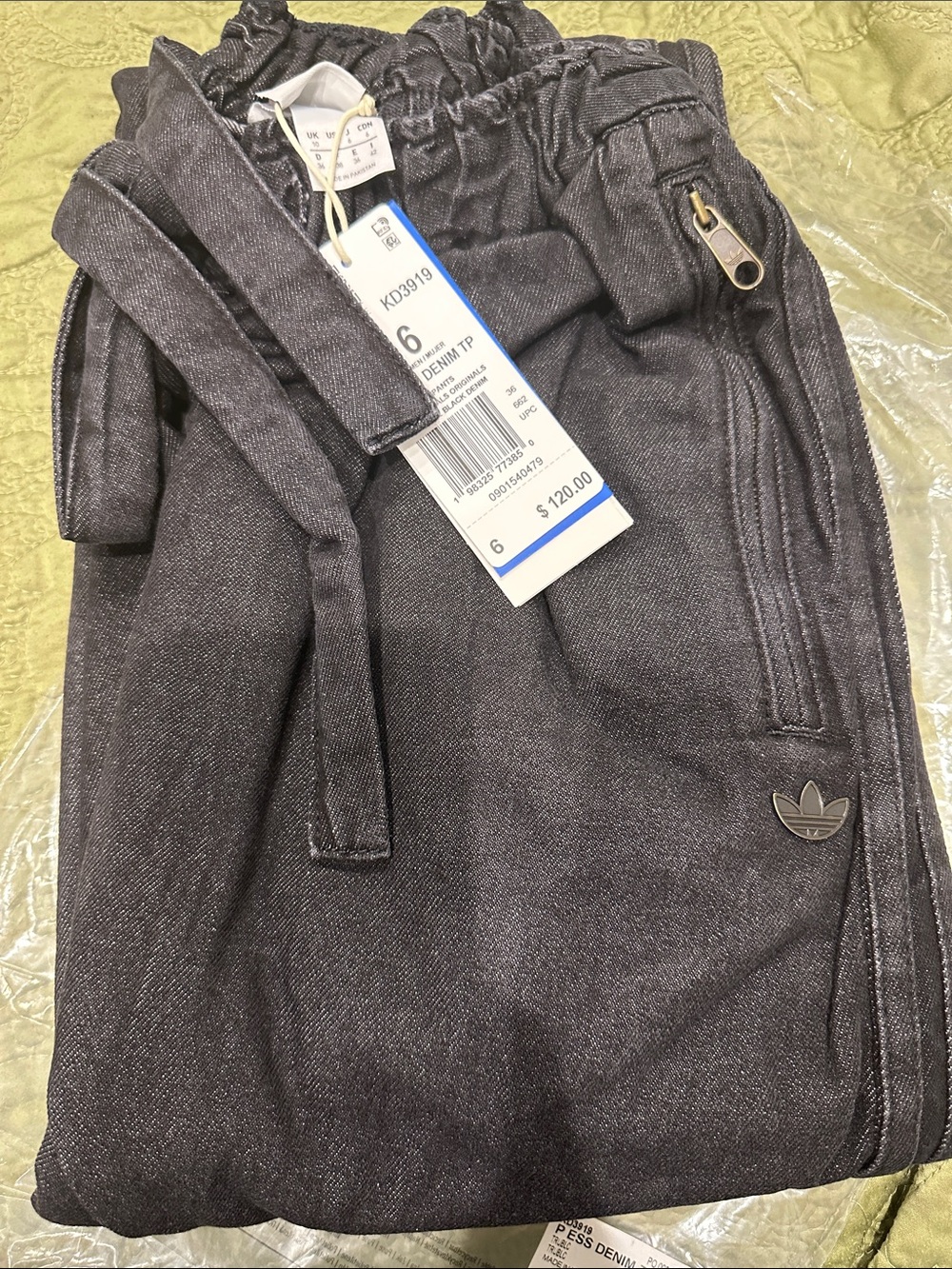 adidas black denim-look track pants with trefoil logo